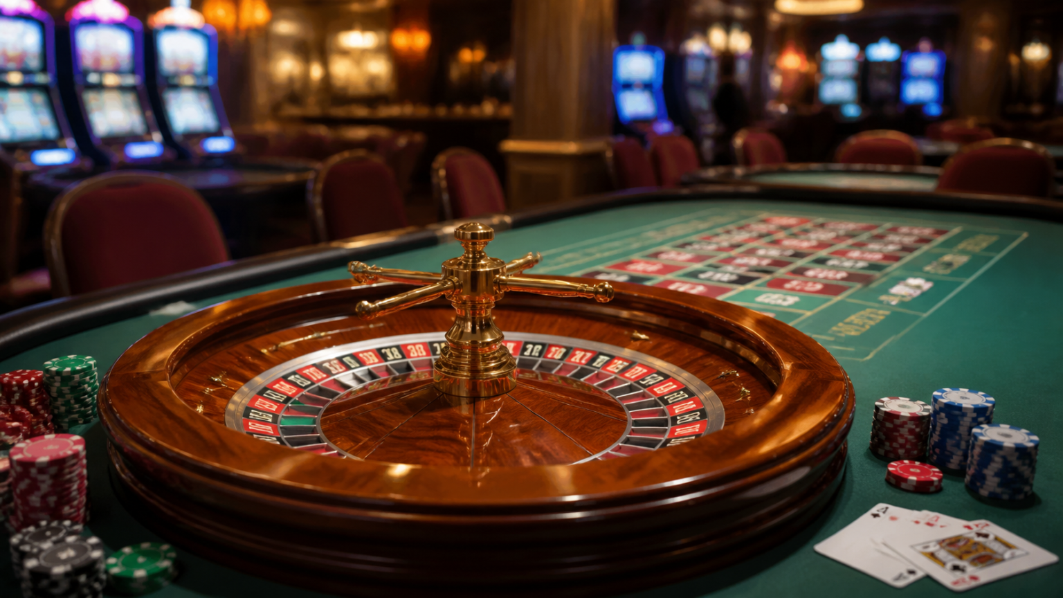 Casino table with roulette wheel and cards for online casino malaysia