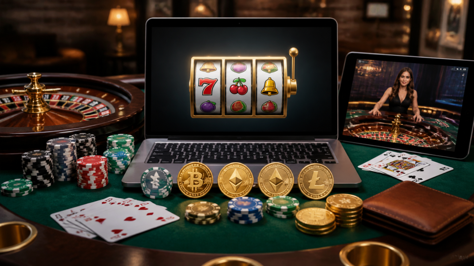 best crypto casino: How to Evaluate Options Before You Play Casino gaming table with crypto payment symbols and slot screens