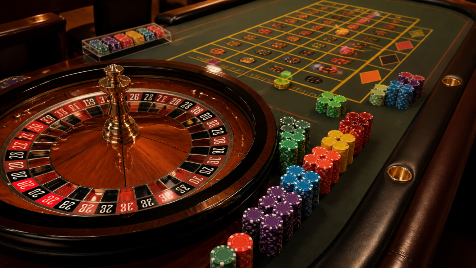Bàn roulette trong casino với vòng quay, ô cược và phỉnh