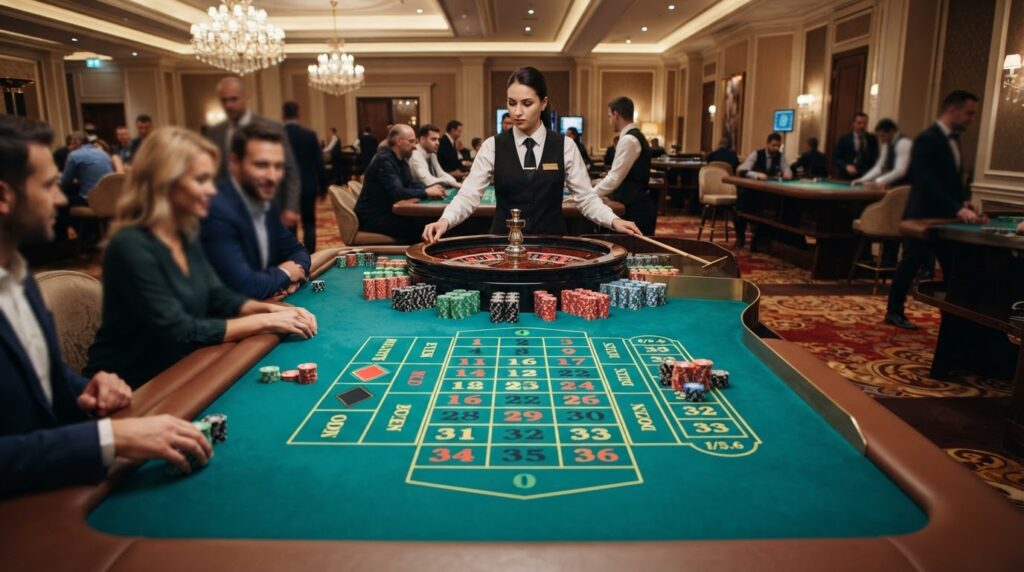 Exploring the Modern Singapore Online Casino Landscape A close-up view of a classic casino roulette wheel and stacked chips on green felt