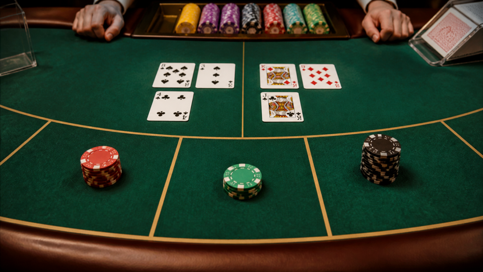 Bàn baccarat với các lá bài và chip cược