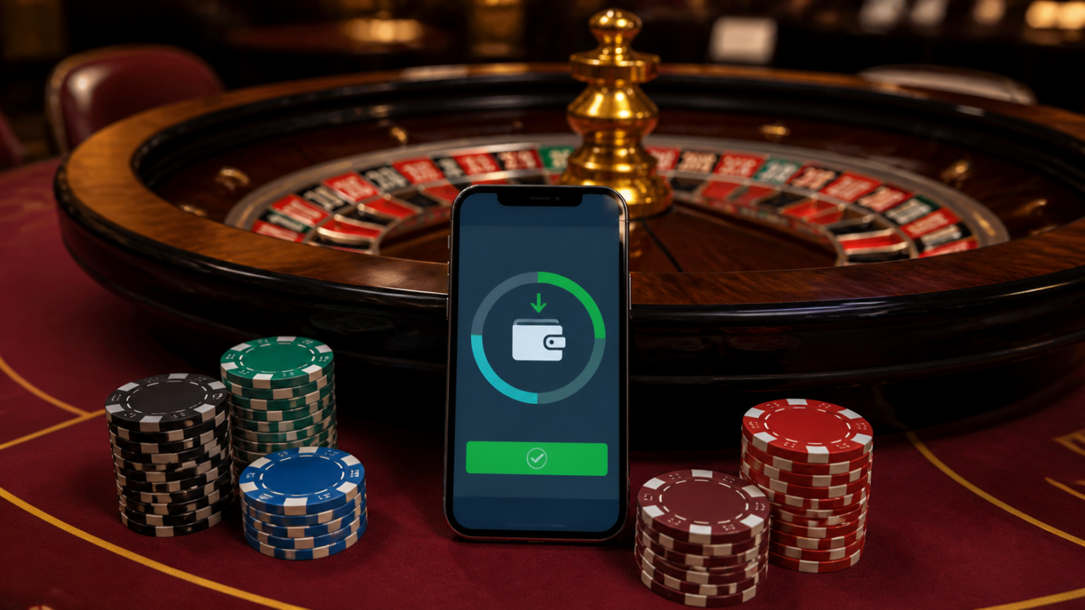 Hiểu đúng về thời gian rút tiền: casino trực tuyến việt nam rút tiền nhanh Bàn roulette, chip casino và điện thoại hiển thị trạng thái rút tiền trực tuyến
