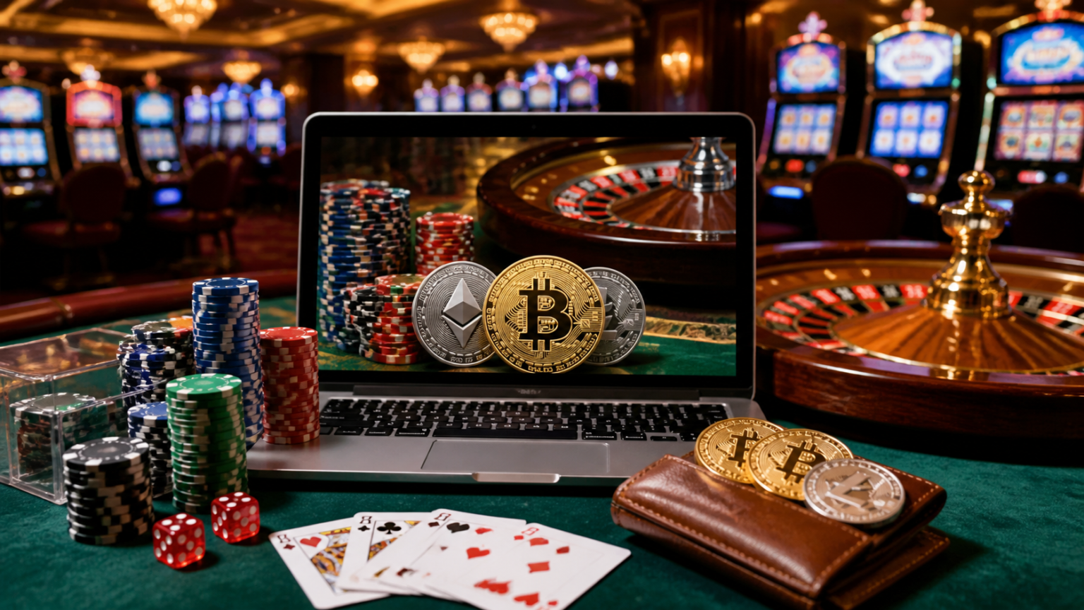 Crypto casino gaming screen with slots and digital payment elements