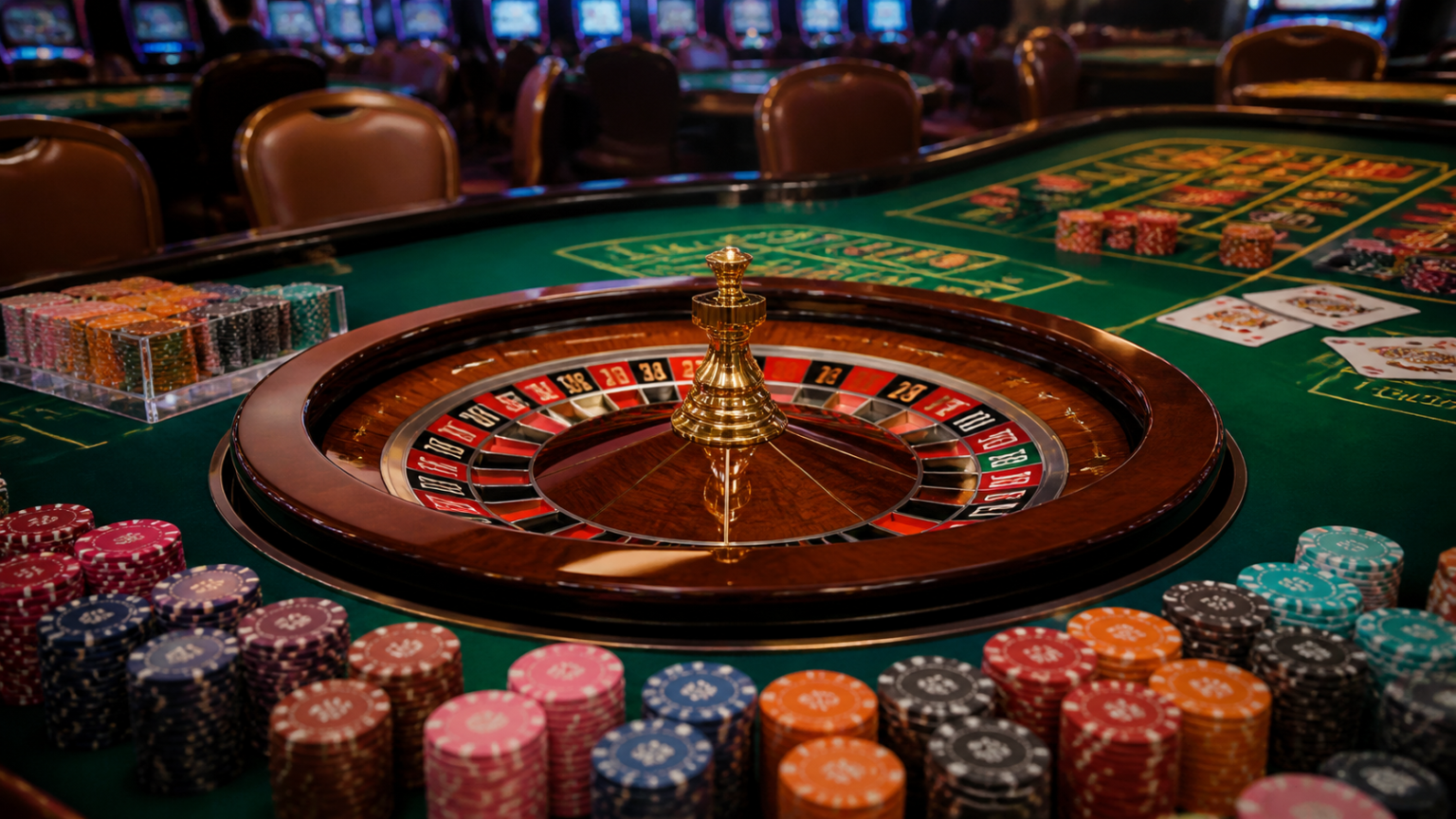 本人確認不要オンラインカジノで楽しめるSlots Casinosの特徴を紹介 Casino table with chips and roulette wheel