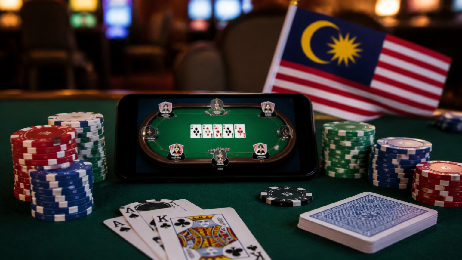Online Poker in Malaysia: A Practical Player’s Guide Poker table with chips and phone showing online poker