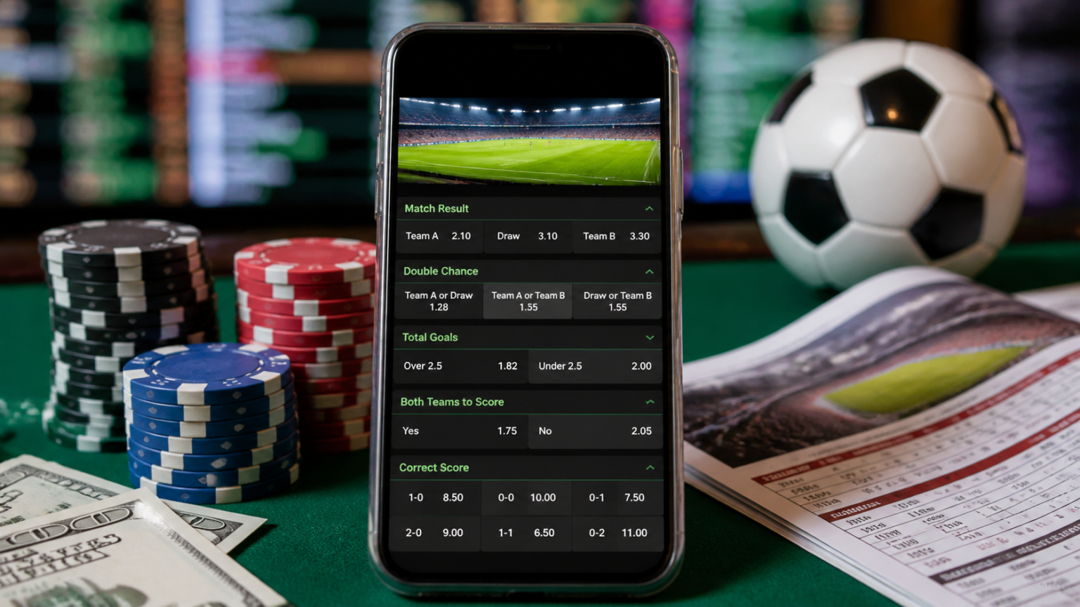 Sports betting odds on a phone with casino chips and a match program