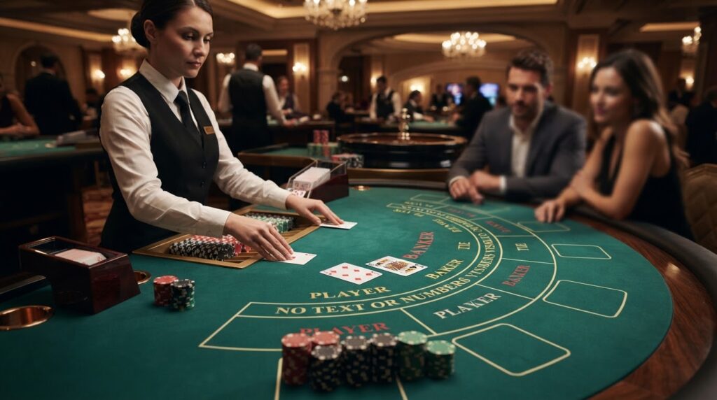 Tìm Hiểu Về Baccarat Trực Tuyến Và Cách Chơi Phù Hợp Bàn chơi baccarat trực tuyến với bài và chip casino chuyên nghiệp