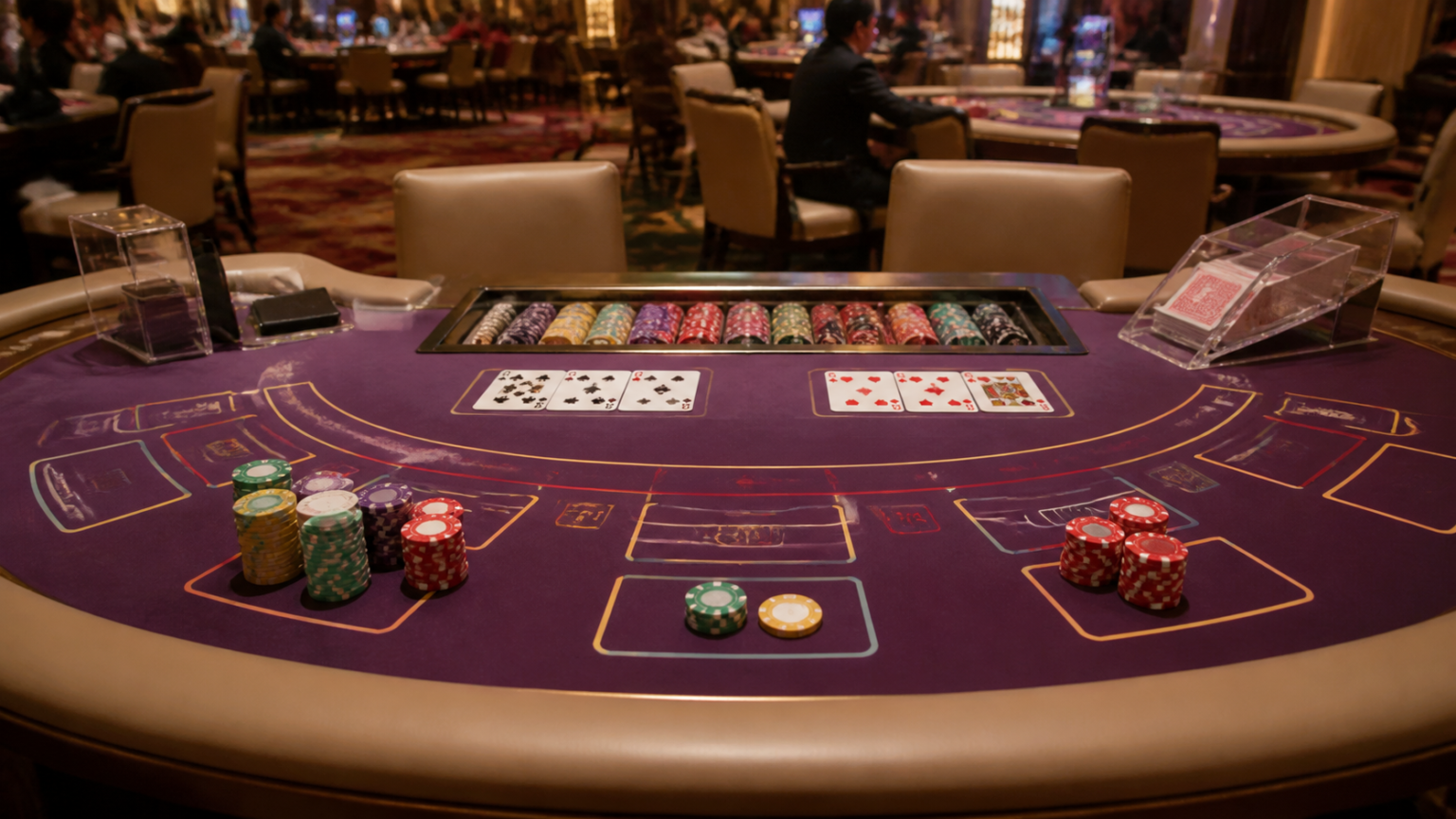 Bàn baccarat với bài và phỉnh trong sòng bạc