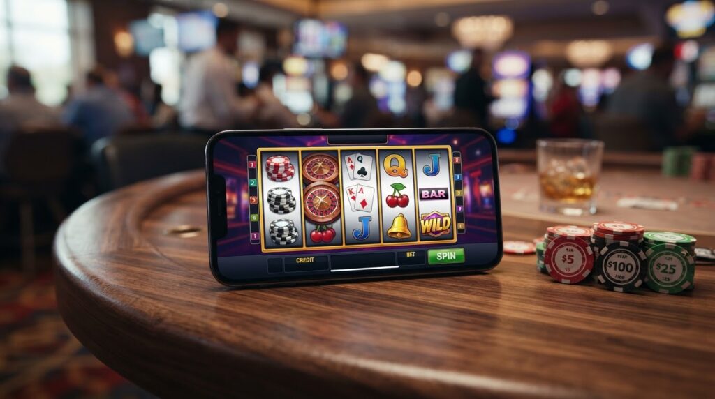 Situs Judi Online Malaysia: Panduan Umum Mengenai Kasino Digital หน้าจอสมาร์ทโฟนแสดงเกมสล็อตออนไลน์ที่มีสีสันสดใสบนโต๊ะทำงาน