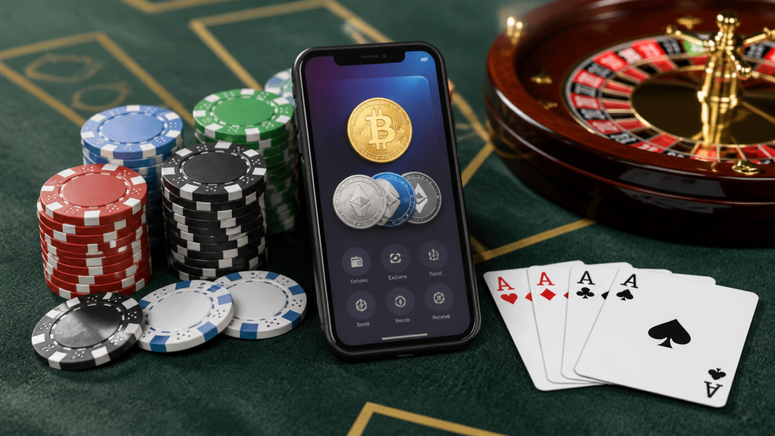Online crypto casino concept with smartphone, chips, and cards